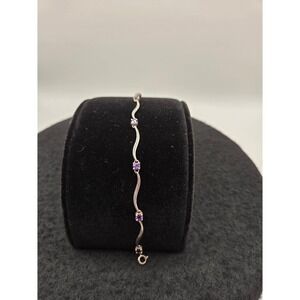 Vintage 925 Sterling Silver Wavy S Link Amethyst Gemstone Tennis Bracelet 7"